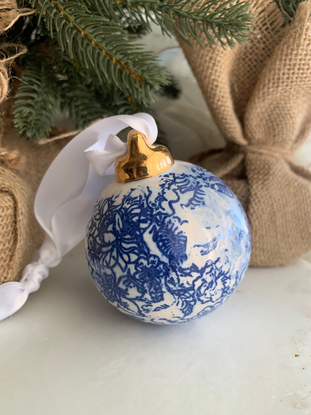Blue Floral Print Ceramic Ornament