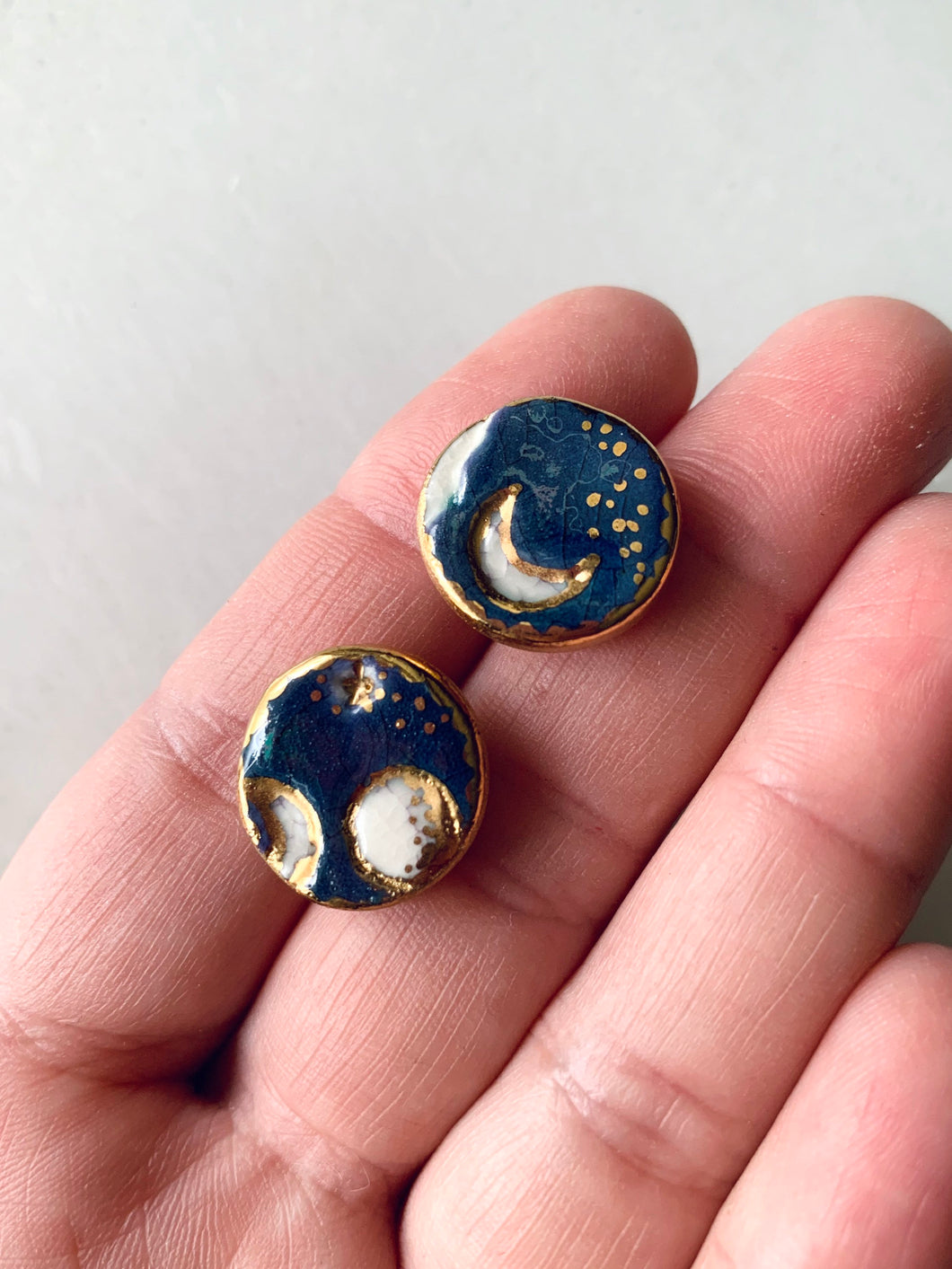 Porcelain Moon Phase Gold Stud Earrings