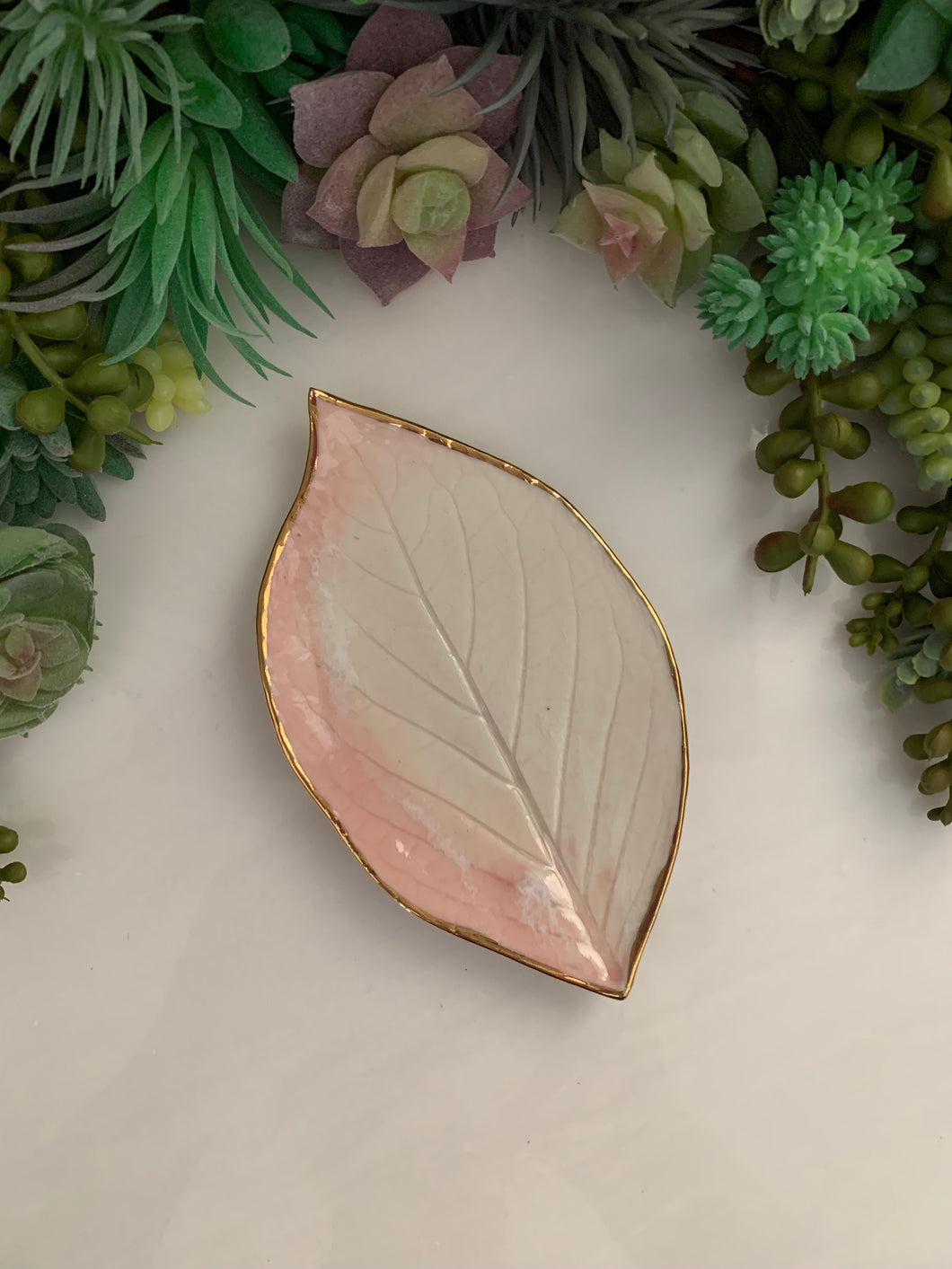 Gold Trim Pink Hydrangea Leaf Porcelain Dish